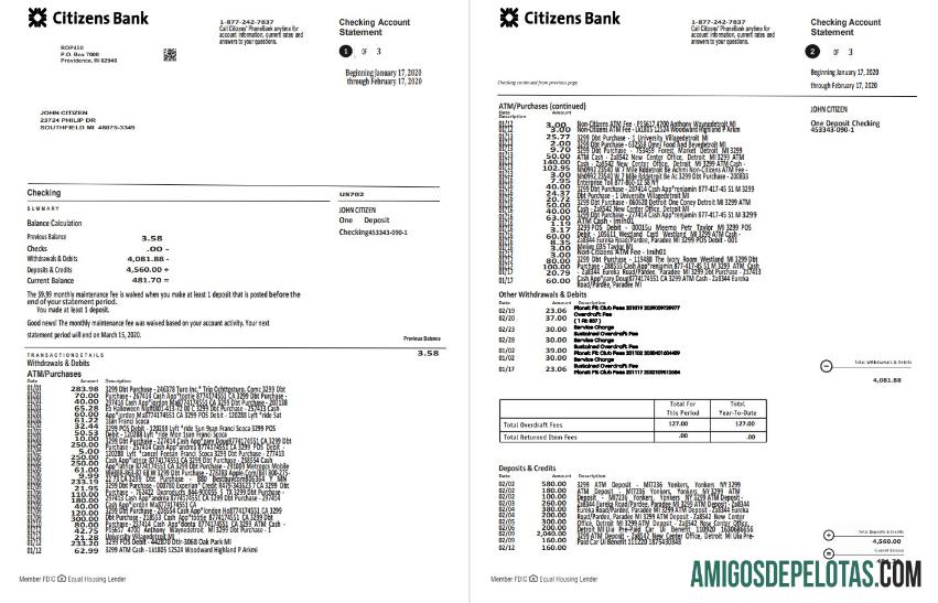 Modelo de extrato bancário de cidadãos dos EUA para impressão em formato Word e PDF, (4 páginas) Bom para prova de endereço